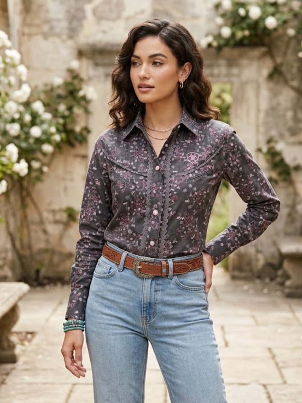 Ariat Western Floral Print Pearl Snap Long Sleeve Shirt Size S/P